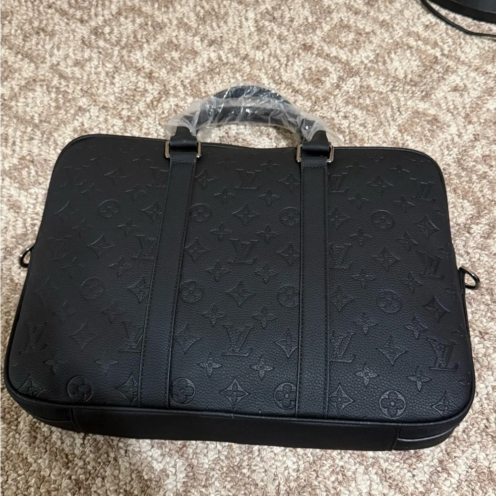 Black Monogram Embossed Leather Briefcase Laptop Bag